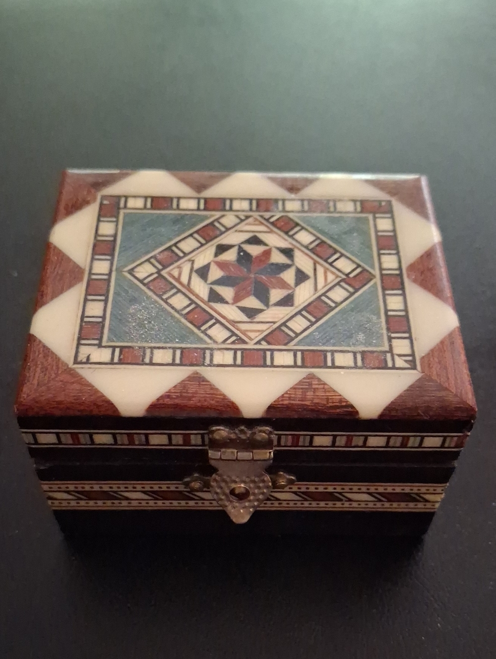 Inlaid Decorative Jewelry Box in Brown, White, Blue